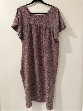 Floral Muumuu House Dress Nightgown Square Neck Flutter Sleeve Coral Black